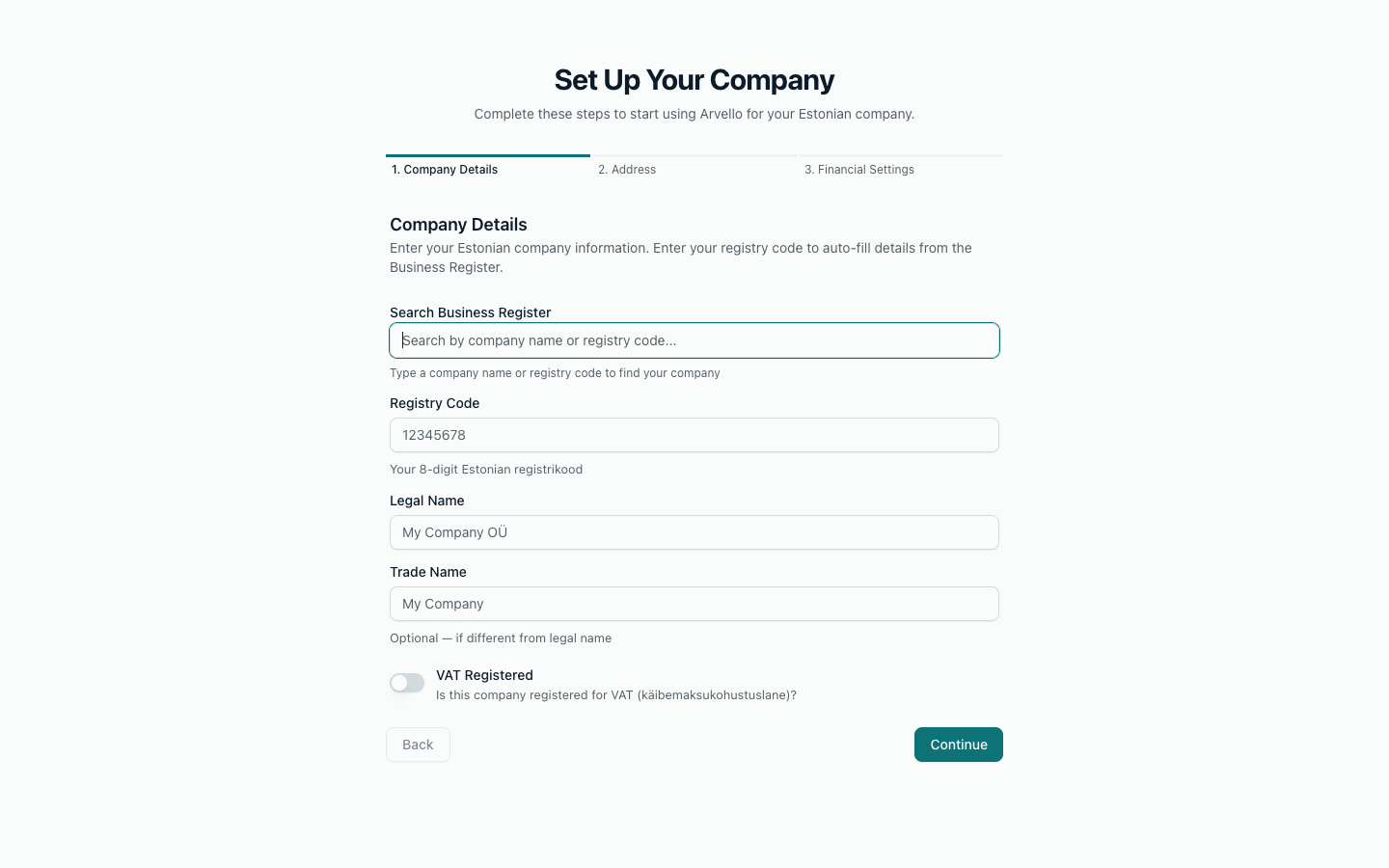 Company setup wizard — company details step